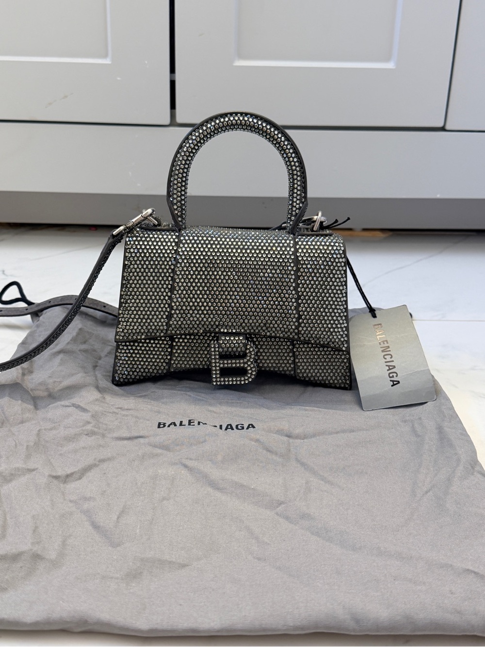 Authentic Balenciaga Hourglass XS Grey Crystal Strass Top Handle NWT